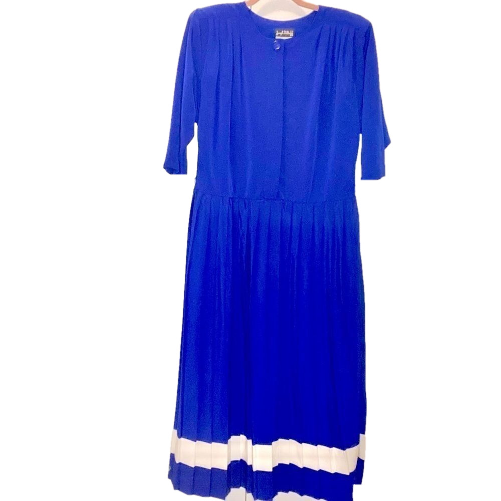 🌷 Joseph Ribkoff🌷 Vintage Royal Blue Pleated Dress With White Stripe Hem Size 11 - Picture 7 of 14